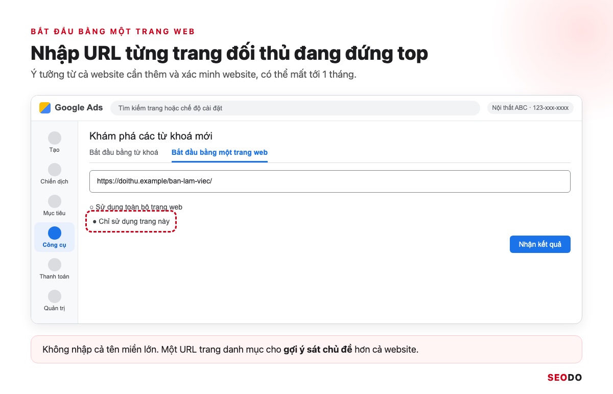 Mô phỏng tab Bắt đầu bằng một trang web, đã nhập URL trang đối thủ và chọn Chỉ sử dụng trang này