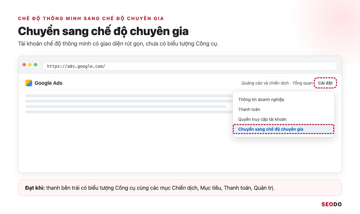 Mô phỏng menu Cài đặt của tài khoản chế độ thông minh, khoanh lựa chọn chuyển sang chế độ chuyên gia