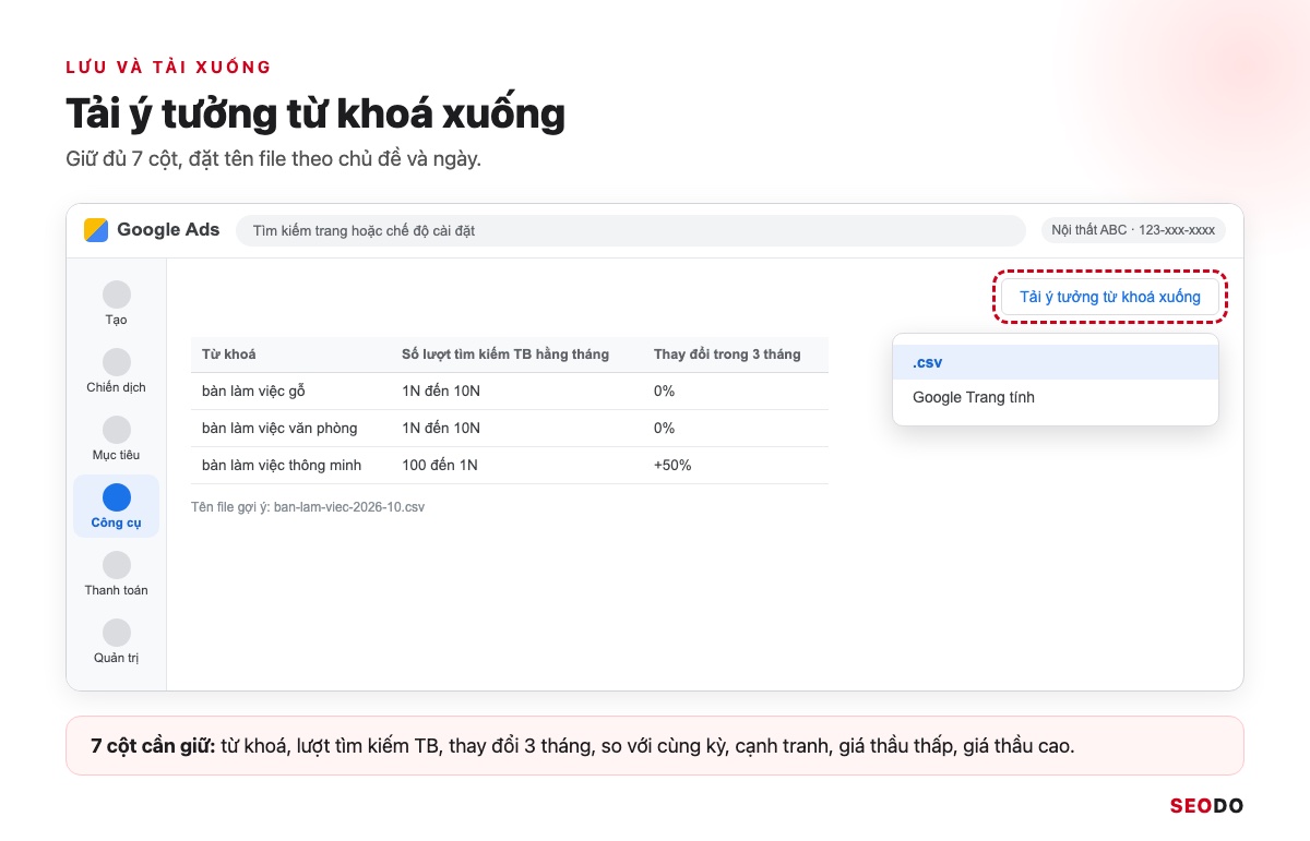Mô phỏng nút tải ý tưởng từ khoá xuống với menu chọn định dạng CSV và Google Trang tính