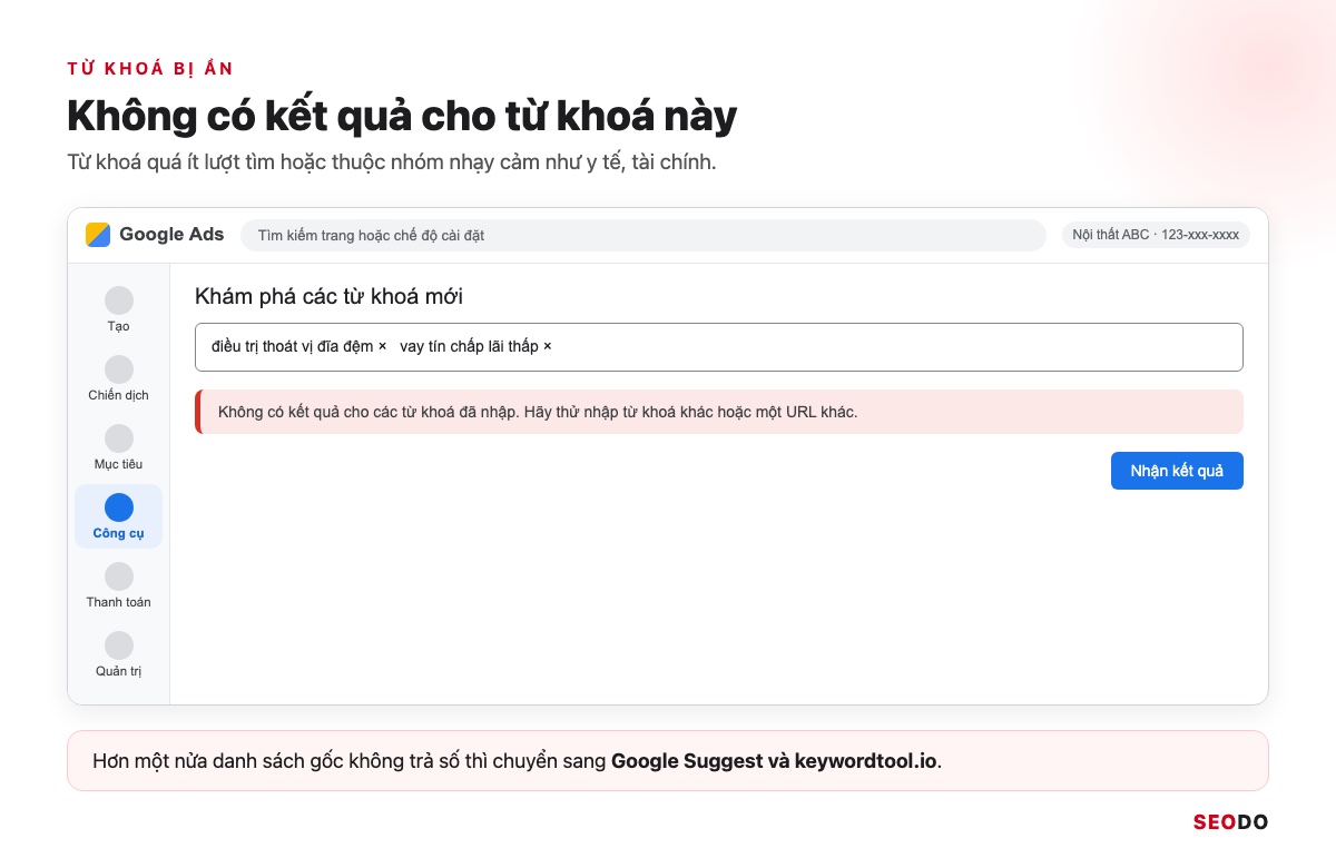 Mô phỏng thông báo lỗi không có kết quả cho từ khoá thuộc nhóm nhạy cảm trong Keyword Planner