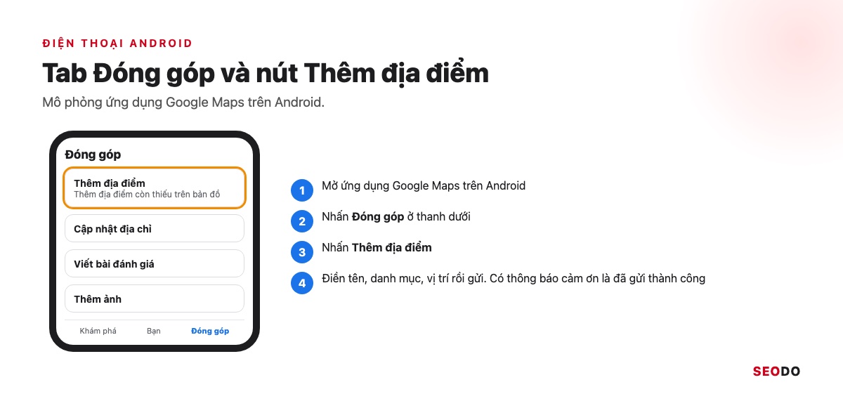 Mô phỏng tab Đóng góp trên ứng dụng Google Maps Android với nút Thêm địa điểm