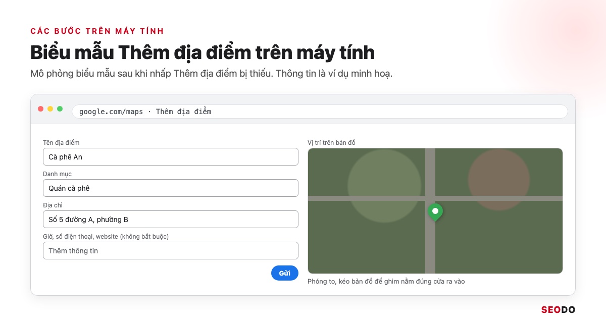 Mô phỏng biểu mẫu Thêm địa điểm trên Google Maps máy tính với tên, danh mục và vị trí