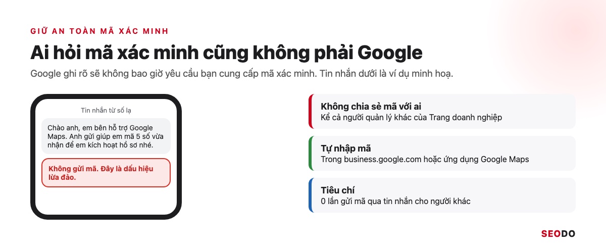 Mô phỏng tin nhắn lạ đòi mã xác minh Google Business Profile kèm cảnh báo không chia sẻ mã