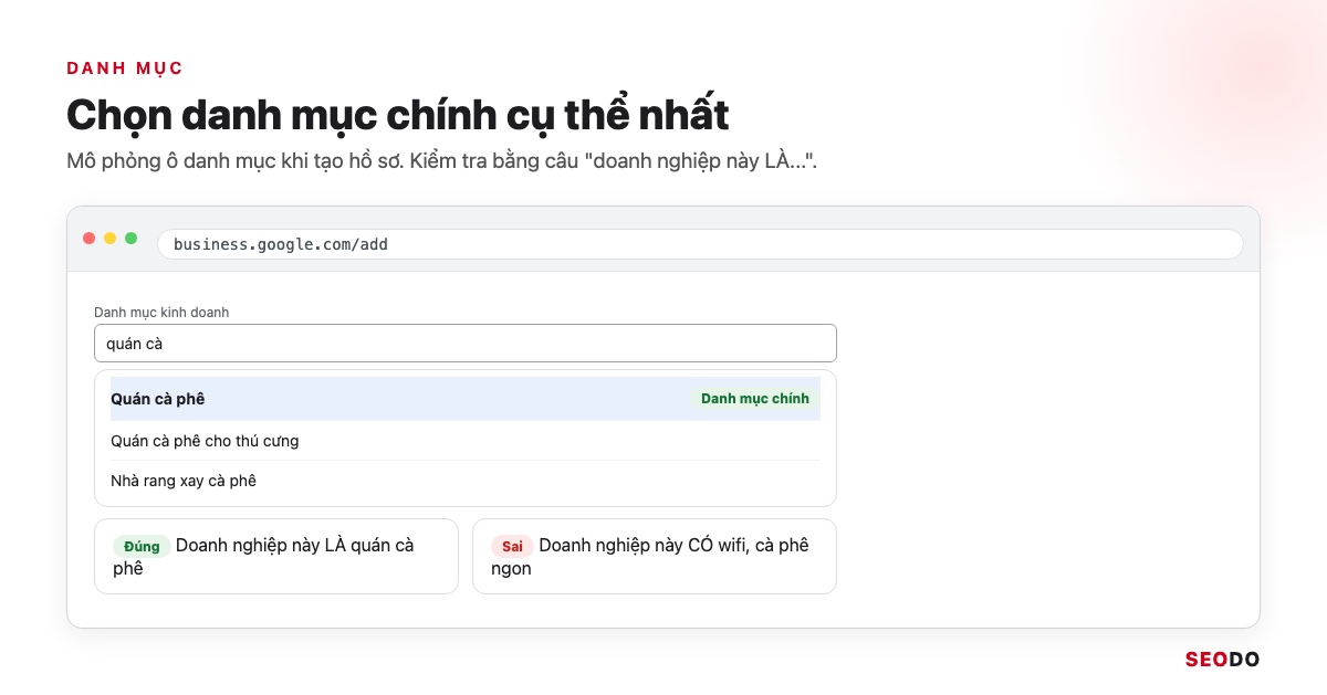 Mô phỏng ô chọn danh mục doanh nghiệp với gợi ý Quán cà phê được chọn làm danh mục chính