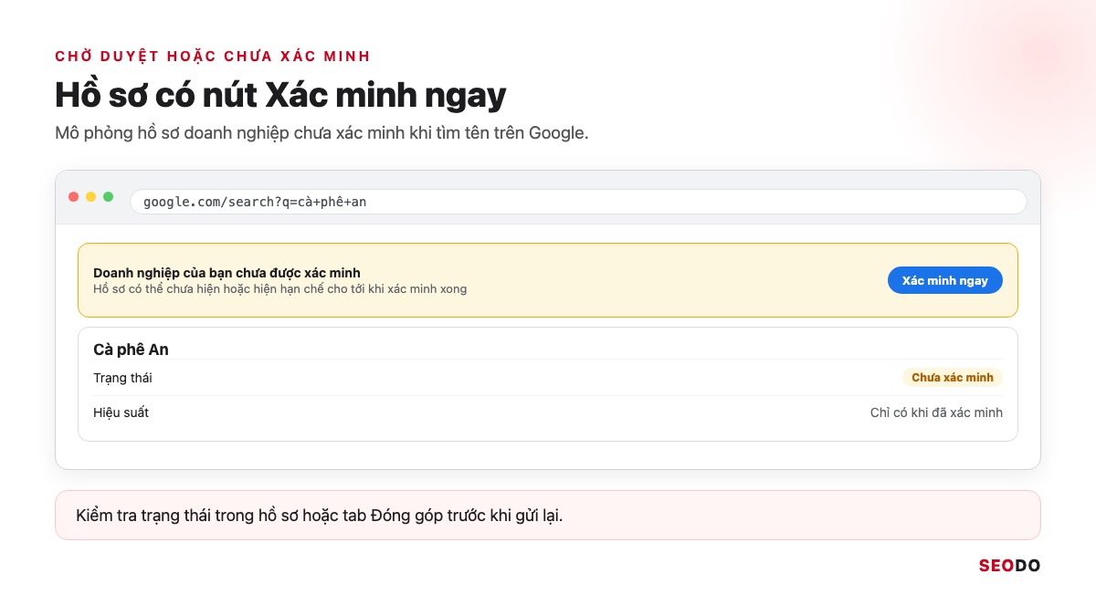 Mô phỏng hồ sơ doanh nghiệp chưa xác minh với nút Xác minh ngay
