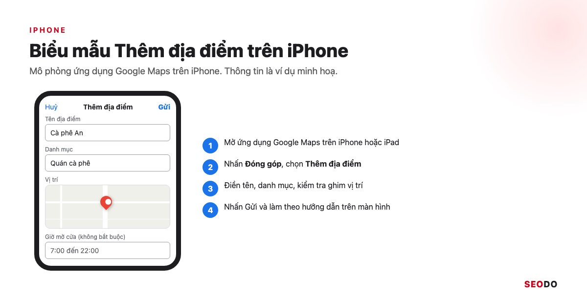 Mô phỏng biểu mẫu Thêm địa điểm trên iPhone với tên, danh mục và vị trí đã điền