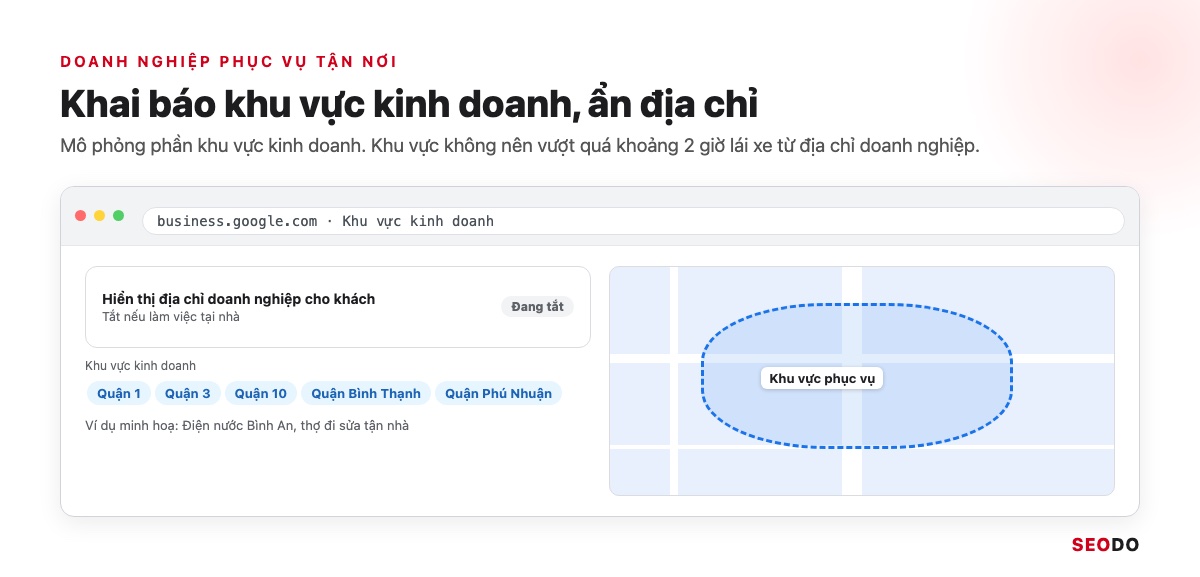 Mô phỏng màn hình khu vực kinh doanh trong Google Business Profile với vài quận được chọn và địa chỉ đã ẩn