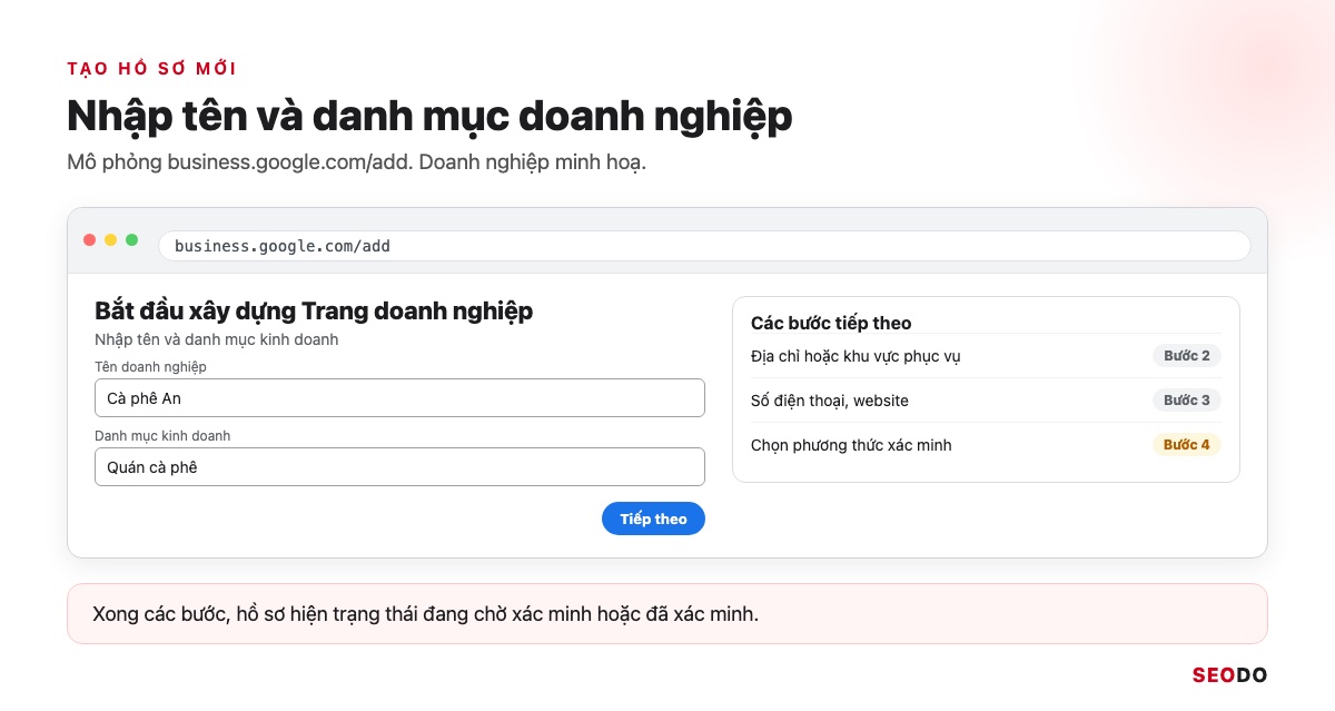 Mô phỏng màn hình nhập tên và danh mục doanh nghiệp khi tạo Google Business Profile mới