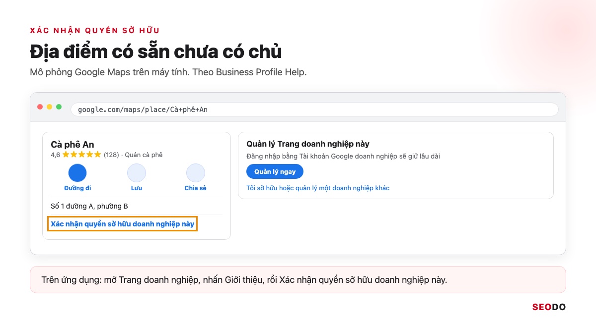 Mô phỏng địa điểm trên Google Maps với liên kết Xác nhận quyền sở hữu doanh nghiệp này và nút Quản lý ngay