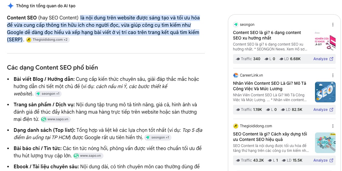 Thông tin tổng quan do AI tạo cho từ khoá content seo trên Google