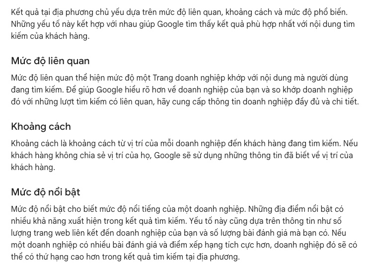 SEO Offpage Là Gì? 8 Kỹ Thuật Xây Dựng Uy Tín Website An Toàn (Cập Nhật 2026) 45 Trang trợ giúp Google Business Profile nêu 3 yếu tố xếp hạng địa phương: mức liên quan, khoảng cách và mức độ nổi bật