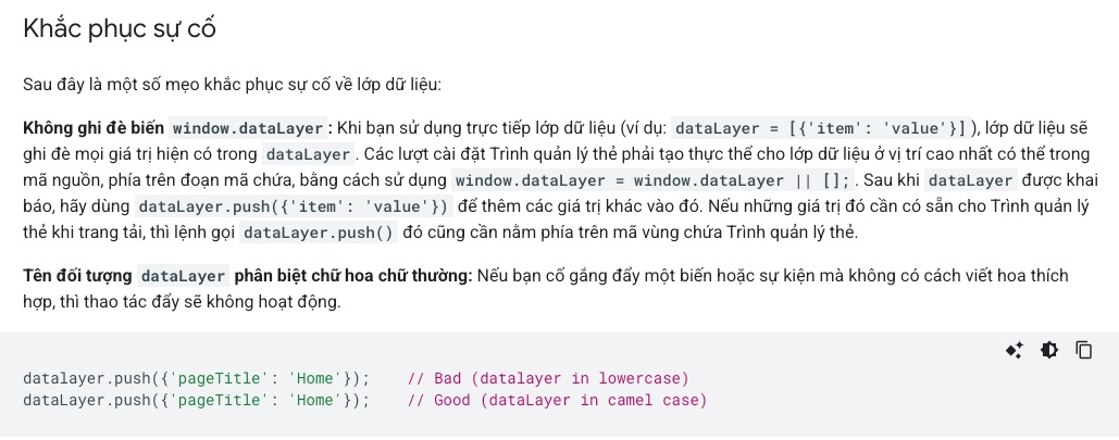 Tài liệu Google về lớp dữ liệu: không ghi đè window.dataLayer và tên dataLayer phân biệt chữ hoa chữ thường