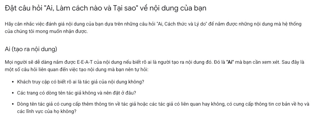 Tài liệu Google Search Central hướng dẫn tự đánh giá nội dung theo khung Ai, Cách thức, Tại sao