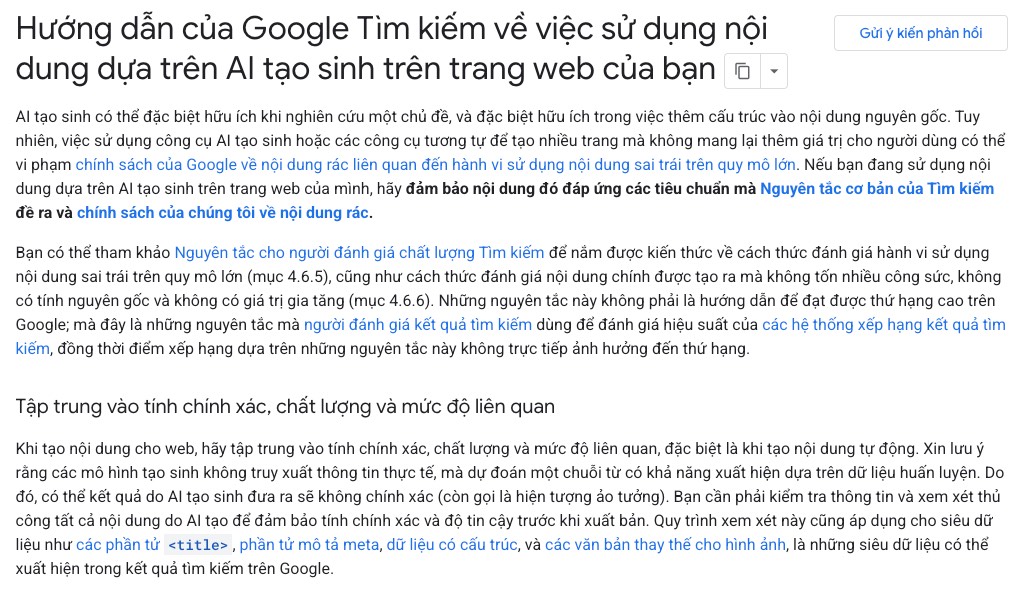 Tài liệu Google Search Central về cách dùng nội dung do AI tạo trên website