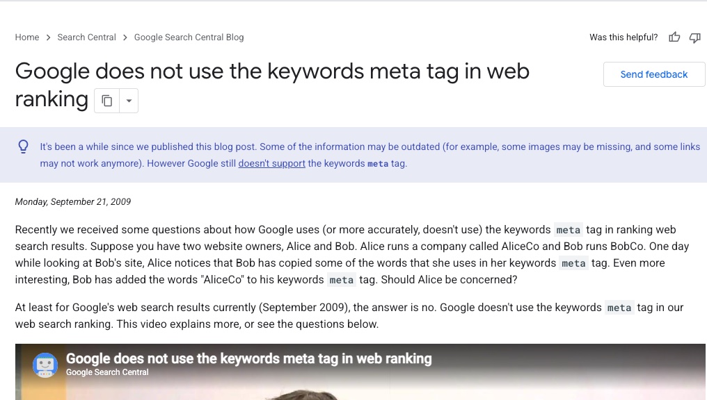 SEO Onpage Là Gì? 20 Việc Cần Làm Theo Thứ Tự Ưu Tiên (Cập Nhật 2026) 101 Bài blog Google Search Central năm 2009 thông báo không dùng thẻ meta keywords để xếp hạng