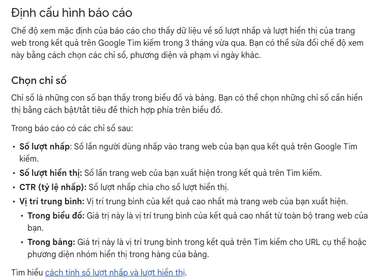 Tài liệu Search Console Help mô tả báo cáo Hiệu suất với lượt nhấp, lượt hiển thị, CTR và vị trí trung bình