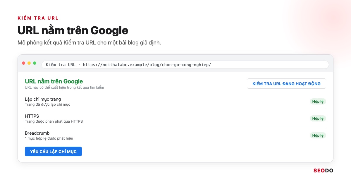 Google Search Console (GSC) Là Gì? Hướng Dẫn Cài Đặt, Đọc Báo Cáo Và Dùng Cho SEO (Cập Nhật 2026) 87 Mô phỏng kết quả công cụ Kiểm tra URL với trạng thái URL nằm trên Google và nút Yêu cầu lập chỉ mục