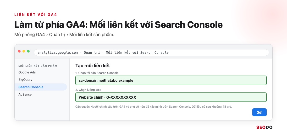 Google Search Console (GSC) Là Gì? Hướng Dẫn Cài Đặt, Đọc Báo Cáo Và Dùng Cho SEO (Cập Nhật 2026) 69 Mô phỏng màn hình Mối liên kết với Search Console trong phần Quản trị của GA4