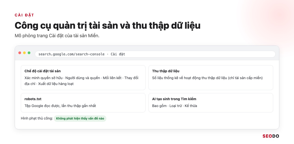 Google Search Console (GSC) Là Gì? Hướng Dẫn Cài Đặt, Đọc Báo Cáo Và Dùng Cho SEO (Cập Nhật 2026) 76 Mô phỏng trang Cài đặt của Search Console với các mục robots.txt, Thay đổi địa chỉ, Số liệu thống kê thu thập dữ liệu