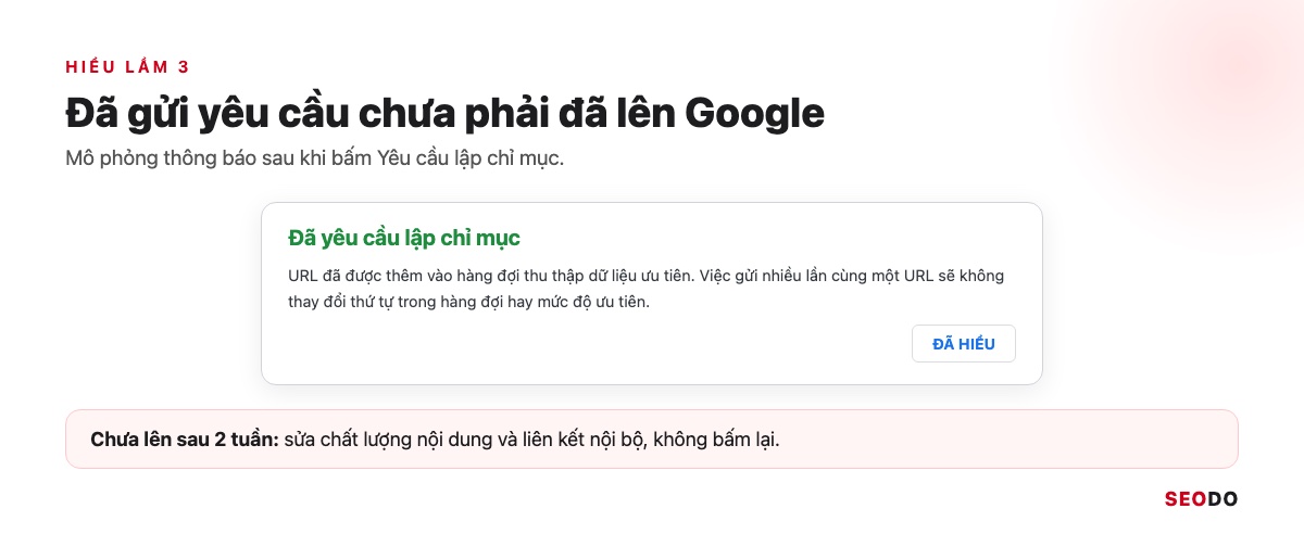 Google Search Console (GSC) Là Gì? Hướng Dẫn Cài Đặt, Đọc Báo Cáo Và Dùng Cho SEO (Cập Nhật 2026) 105 Mô phỏng thông báo Đã yêu cầu lập chỉ mục trong công cụ Kiểm tra URL