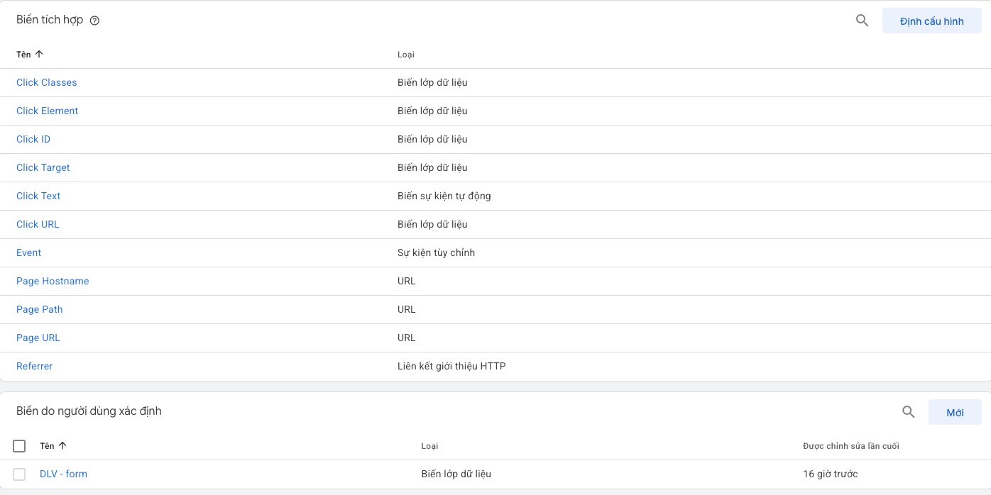 Danh sách biến tích hợp như Click URL, Page Path và biến do người dùng xác định DLV form trong GTM
