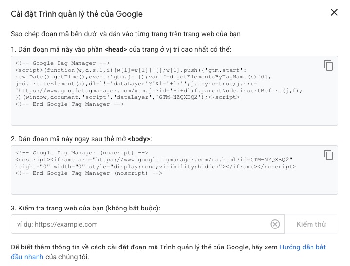 Hộp thoại Cài đặt Trình quản lý thẻ của Google với 2 đoạn mã dán vào head và ngay sau thẻ mở body