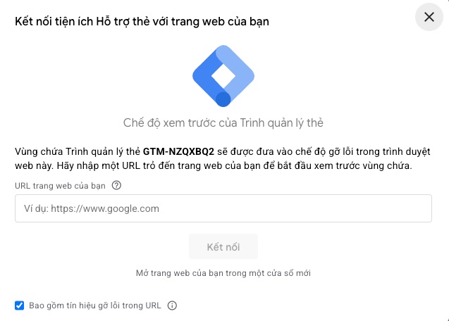 Hộp thoại Kết nối tiện ích Hỗ trợ thẻ với trang web trong chế độ xem trước của Trình quản lý thẻ