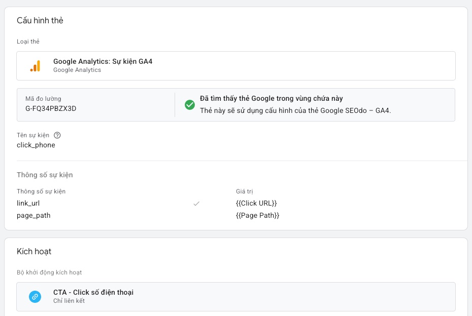 Cấu hình thẻ Sự kiện GA4 click_phone với thông số link_url và page_path trong GTM