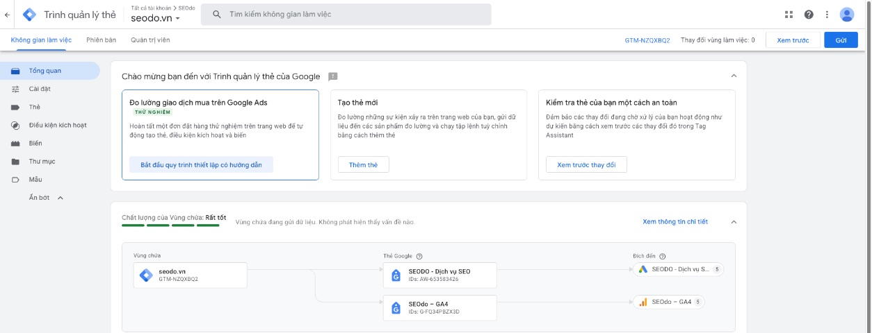 Trang tổng quan vùng chứa GTM của seodo.vn với chất lượng vùng chứa Rất tốt và hai thẻ Google cho Google Ads và GA4
