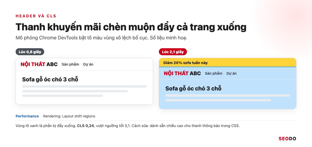 Mô phỏng Chrome DevTools tô màu vùng bị xô lệch khi thanh khuyến mãi chèn muộn phía trên header