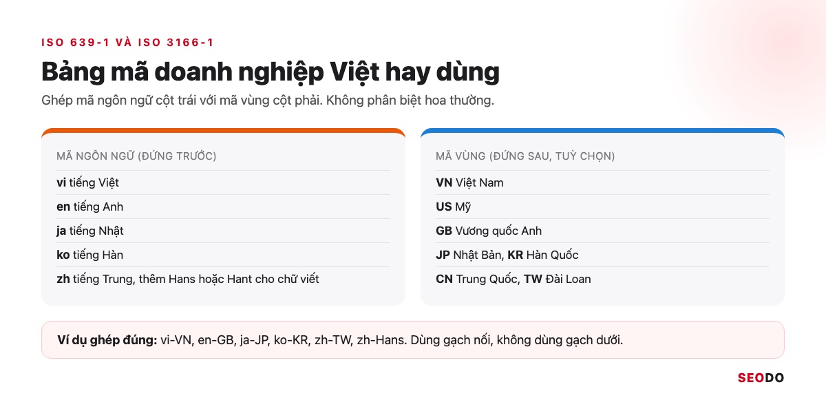 Hai cột mã ngôn ngữ ISO 639-1 và mã vùng ISO 3166-1 Alpha 2 hay dùng, kèm mã chữ viết tiếng Trung