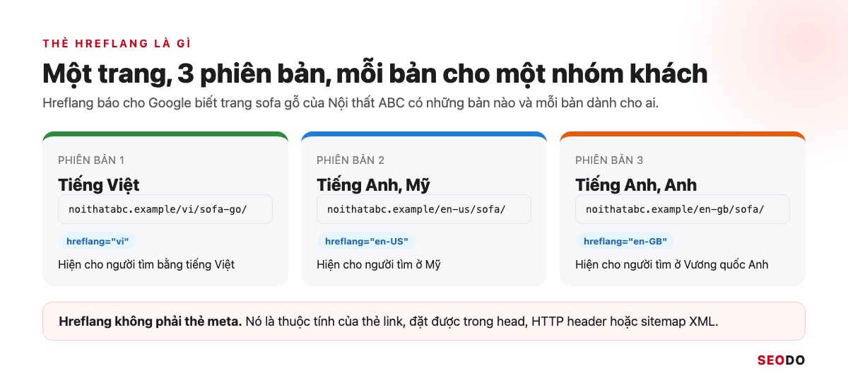 Sơ đồ một trang sản phẩm có 3 phiên bản tiếng Việt, tiếng Anh cho Mỹ và tiếng Anh cho Anh, Google đưa từng bản tới đúng nhóm người tìm