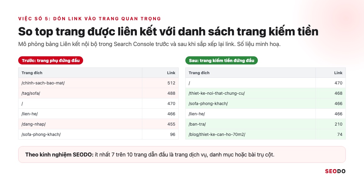 Internal Link Là Gì? 12 Việc Tối Ưu Liên Kết Nội Bộ Theo Thứ Tự Ưu Tiên (Cập Nhật 2026) 66 Mô phỏng bảng liên kết nội bộ trong Search Console, ghi chú trang dịch vụ và danh mục nên đứng đầu