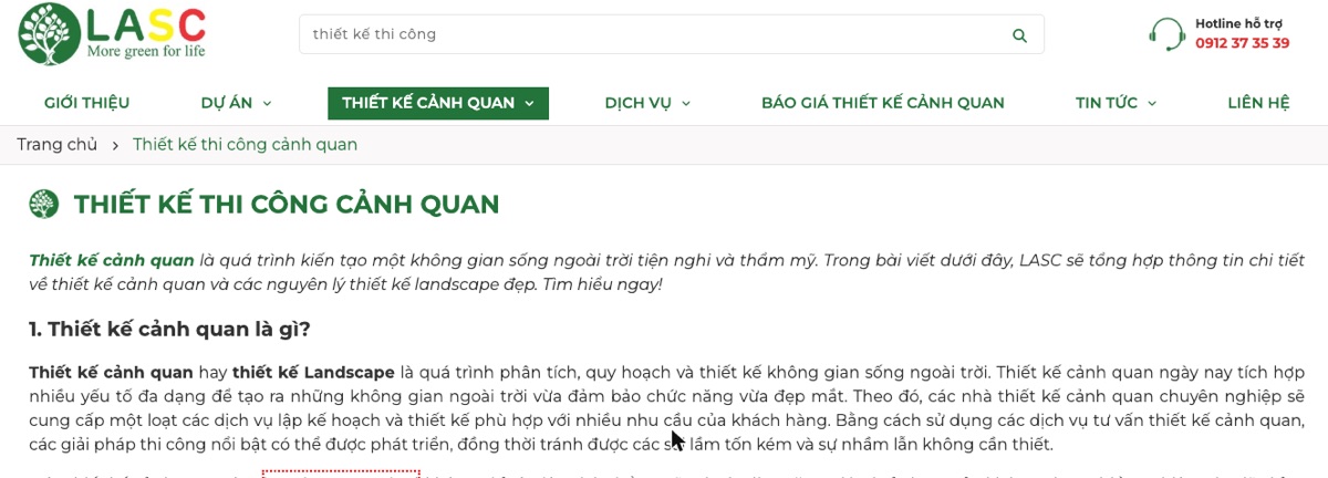 SEO Onpage Là Gì? 20 Việc Cần Làm Theo Thứ Tự Ưu Tiên (Cập Nhật 2026) 98 Trang dịch vụ thiết kế thi công cảnh quan trên lasc.vn với menu, hotline, breadcrumb và H1