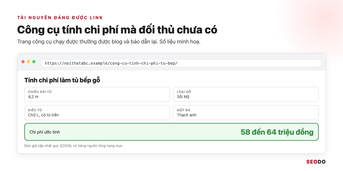 Link Building Là Gì? 7 Chiến Lược Xây Dựng Liên Kết An Toàn Và Cách Đo Hiệu Quả (Cập Nhật 2026) 53 Mô phỏng trang công cụ tính chi phí làm tủ bếp gỗ trên noithatabc.example