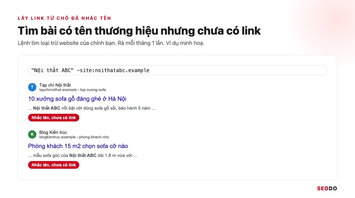 Link Building Là Gì? 7 Chiến Lược Xây Dựng Liên Kết An Toàn Và Cách Đo Hiệu Quả (Cập Nhật 2026) 48 Mô phỏng kết quả tìm kiếm có tên Nội thất ABC nhưng chưa có link