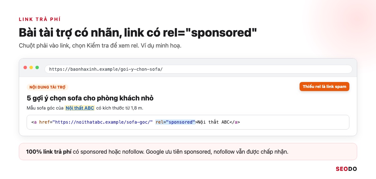 Link Building Là Gì? 7 Chiến Lược Xây Dựng Liên Kết An Toàn Và Cách Đo Hiệu Quả (Cập Nhật 2026) 46 Mô phỏng bài tài trợ có nhãn nội dung tài trợ và mã link có rel sponsored