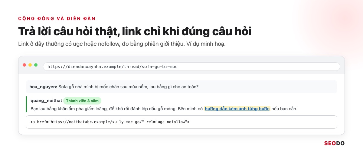 Link Building Là Gì? 7 Chiến Lược Xây Dựng Liên Kết An Toàn Và Cách Đo Hiệu Quả (Cập Nhật 2026) 54 Mô phỏng câu trả lời trên diễn đàn xây nhà kèm link hướng dẫn có rel ugc nofollow