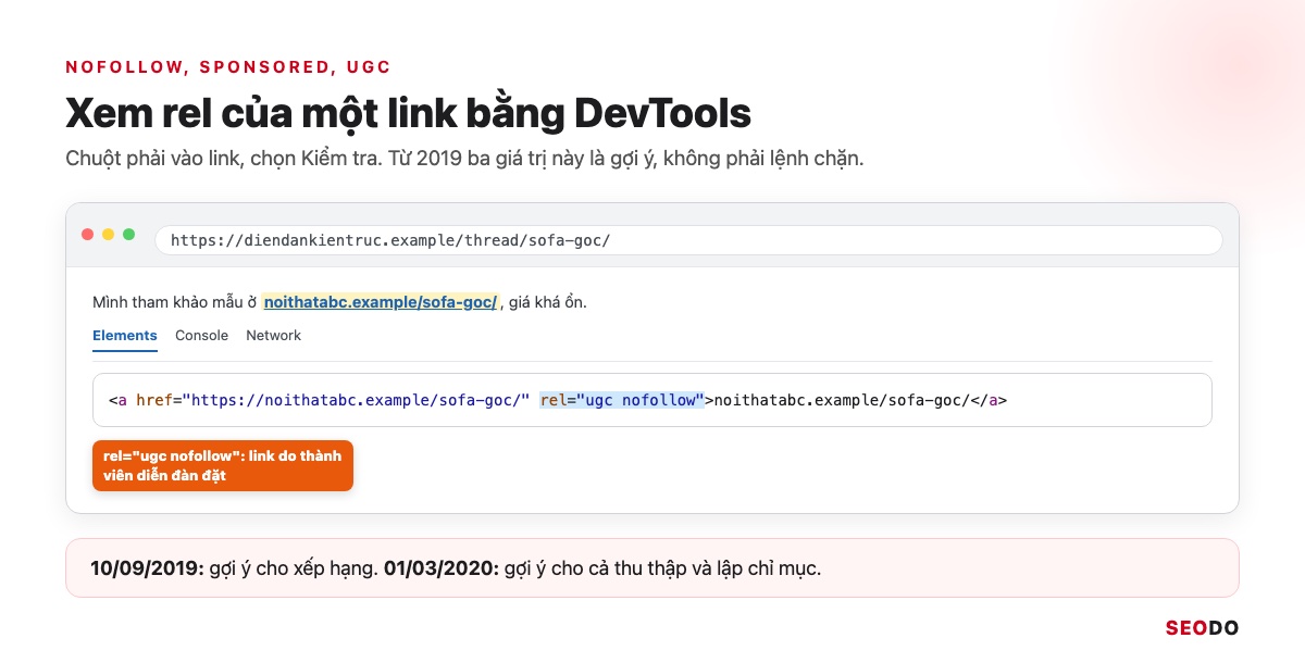 Link Juice Là Gì? Link Juice Truyền Qua Liên Kết Thế Nào Và 5 Cách Tối Ưu (Cập Nhật 2026) 37 Mô phỏng DevTools đang chọn thẻ a có rel ugc nofollow trên một trang diễn đàn