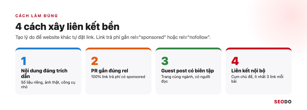 Link Wheel Là Gì? Mô Hình Bánh Xe Liên Kết, Rủi Ro Và Cách Xây Link An Toàn (Cập Nhật 2026) 43 Bốn thẻ cách xây liên kết bền: nội dung đáng trích dẫn, PR gắn rel, guest post có biên tập, liên kết nội bộ