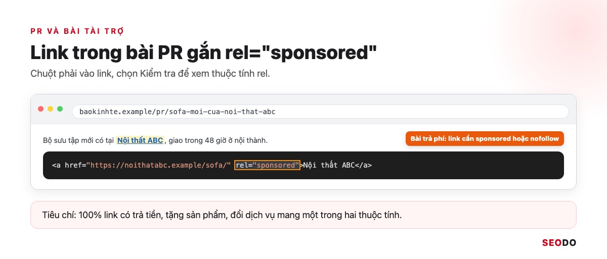 Link Wheel Là Gì? Mô Hình Bánh Xe Liên Kết, Rủi Ro Và Cách Xây Link An Toàn (Cập Nhật 2026) 45 Mô phỏng mã HTML của link trong bài PR có thuộc tính rel sponsored