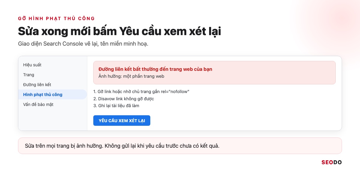 Link Wheel Là Gì? Mô Hình Bánh Xe Liên Kết, Rủi Ro Và Cách Xây Link An Toàn (Cập Nhật 2026) 36 Mô phỏng báo cáo Hình phạt thủ công có vấn đề đường liên kết và nút Yêu cầu xem xét lại