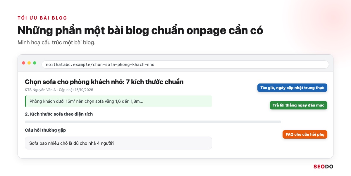 SEO Onpage Là Gì? 20 Việc Cần Làm Theo Thứ Tự Ưu Tiên (Cập Nhật 2026) 96 Mô phỏng cấu trúc bài blog có tác giả, đoạn trả lời thẳng và FAQ