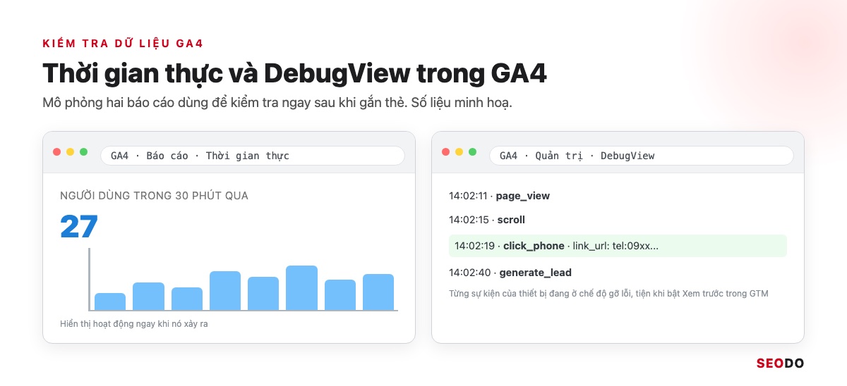 Mô phỏng báo cáo Thời gian thực và DebugView của GA4 sau khi gắn thẻ