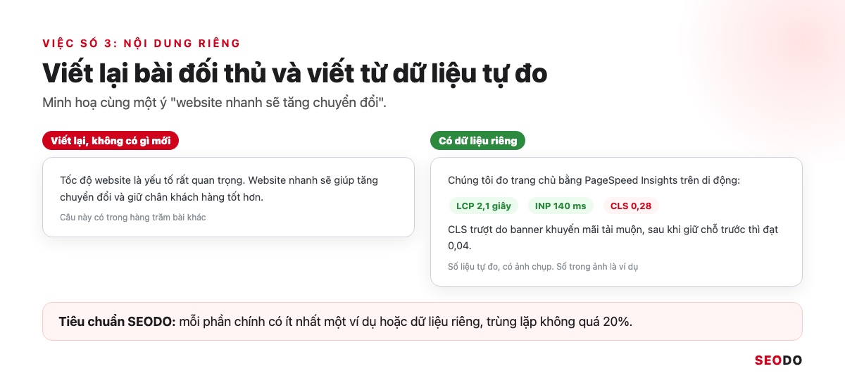 SEO Onpage Là Gì? 20 Việc Cần Làm Theo Thứ Tự Ưu Tiên (Cập Nhật 2026) 69 So sánh đoạn văn viết lại chung chung và đoạn văn có số liệu tự đo