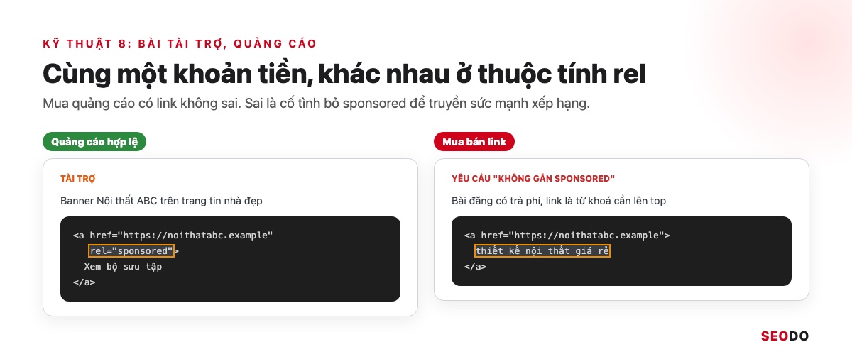SEO Offpage Là Gì? 8 Kỹ Thuật Xây Dựng Uy Tín Website An Toàn (Cập Nhật 2026) 48 So sánh banner tài trợ gắn rel sponsored và link trả phí cố tình bỏ sponsored