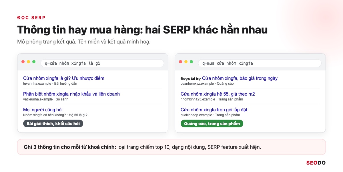 Nghiên Cứu Từ Khoá Là Gì? 7 Bước Tìm, Lọc Và Gom Nhóm Từ Khoá SEO (Cập Nhật 2026) 66 Hai trang kết quả đặt cạnh nhau, một cho từ khoá thông tin với bài hướng dẫn và một cho từ khoá mua hàng với quảng cáo và trang sản phẩm