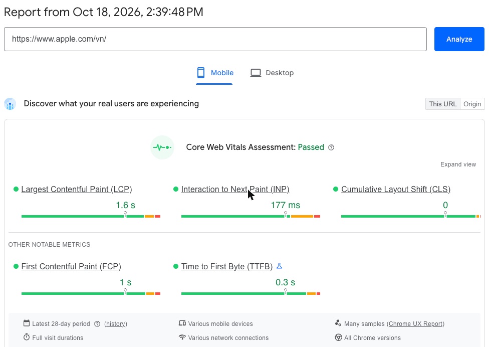 SEO Onpage Là Gì? 20 Việc Cần Làm Theo Thứ Tự Ưu Tiên (Cập Nhật 2026) 84 PageSpeed Insights: Apple Việt Nam đạt Core Web Vitals trên di động, LCP 1,6 giây, INP 177 ms, CLS 0