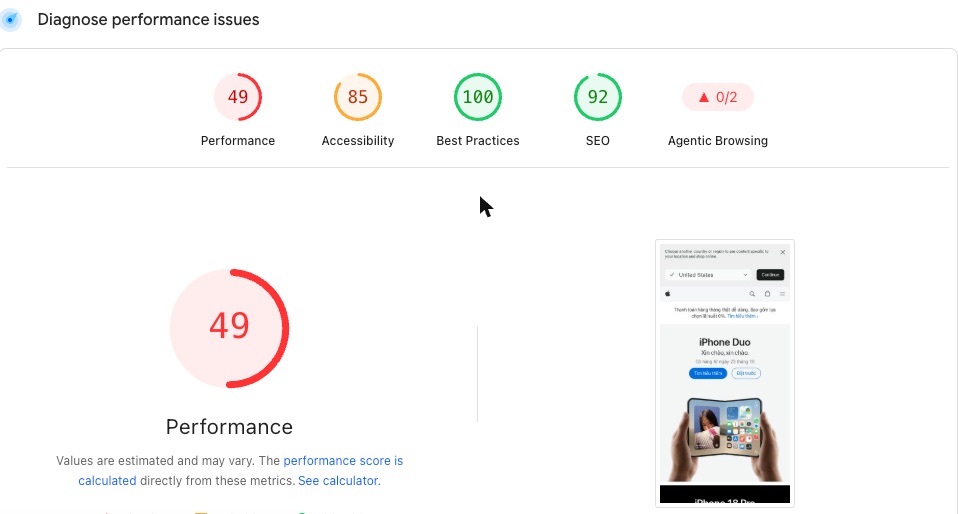SEO Onpage Là Gì? 20 Việc Cần Làm Theo Thứ Tự Ưu Tiên (Cập Nhật 2026) 85 PageSpeed Insights: điểm hiệu suất mô phỏng của Apple Việt Nam là 49
