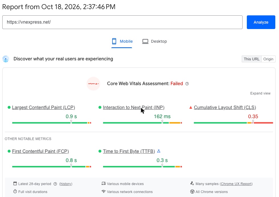 SEO Onpage Là Gì? 20 Việc Cần Làm Theo Thứ Tự Ưu Tiên (Cập Nhật 2026) 86 PageSpeed Insights: trang chủ VnExpress trượt Core Web Vitals vì CLS 0,35 dù LCP và INP tốt